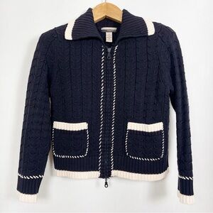 Vintage Parkhurst Navy Cotton Zip Cardigan Cream Detailing Nautical Size Small
